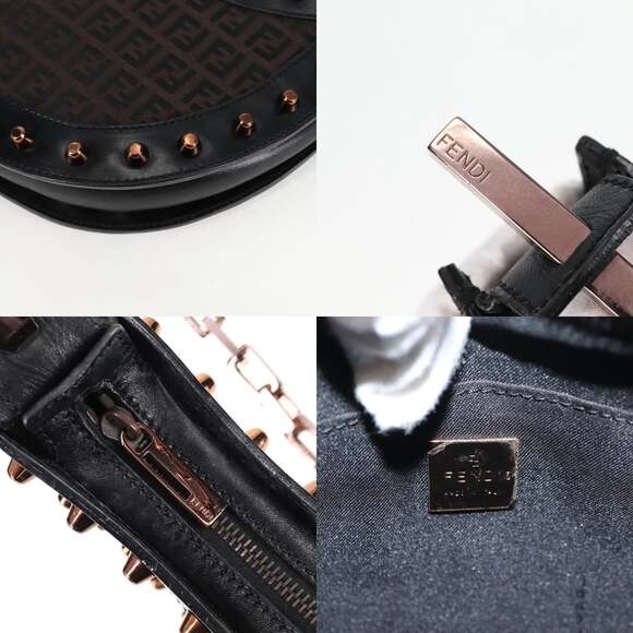 FENDI Zucchino Canvas Chain Shoulder Bag Black Brown - Picture 11 of 13